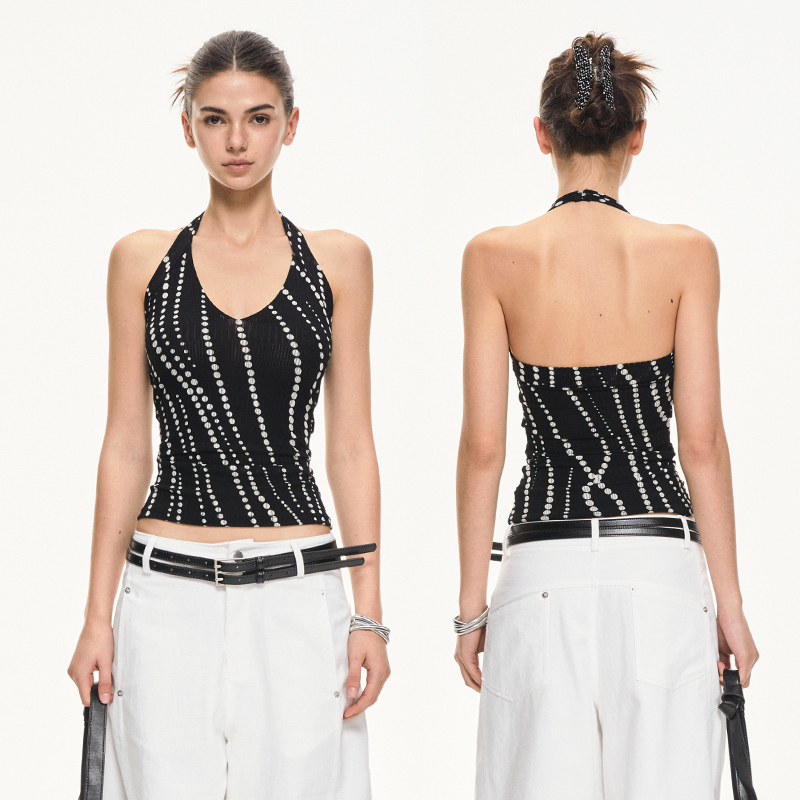 KVKV 波点挂脖背心 美式修身显瘦性感短款黑色高级感通勤露背吊带