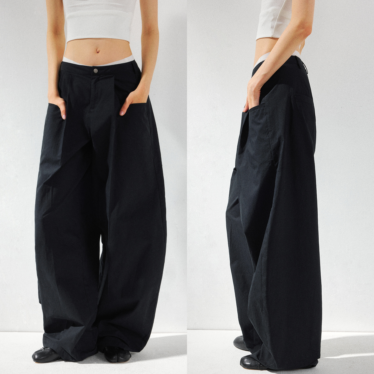 KVKV黑色弯刀廓形宽松休闲运动阔腿裤