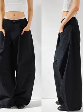 KVKV黑色弯刀廓形宽松休闲运动阔腿裤