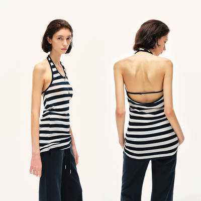 KVKV 宽条纹挂脖背心 辣妹高级感打底内搭外穿美背新款无袖上衣女