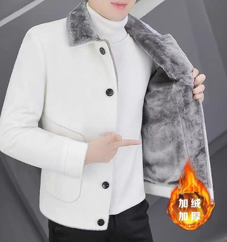 남성 코트 가을 겨울 짧은 모직 코트 셰르파 자수 다목적 캐주얼 성숙한 청소년 가죽 자켓 기질