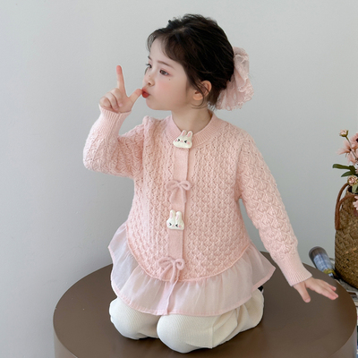 女童针织秋装秋款流行ins风复古服装圆领女孩拼色潮酷韩系初秋