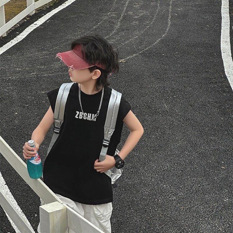 男童T恤背心无袖潮酷短袖T恤百搭字母印花简约帅气上衣潮t男孩