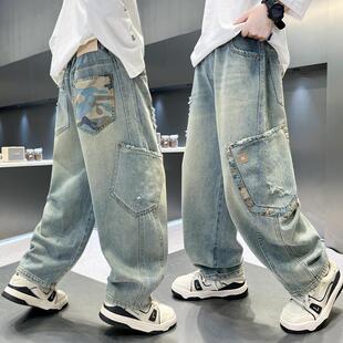 男童春秋牛仔裤2025新款儿童裤子大童男孩直筒工装裤长裤夏季薄款