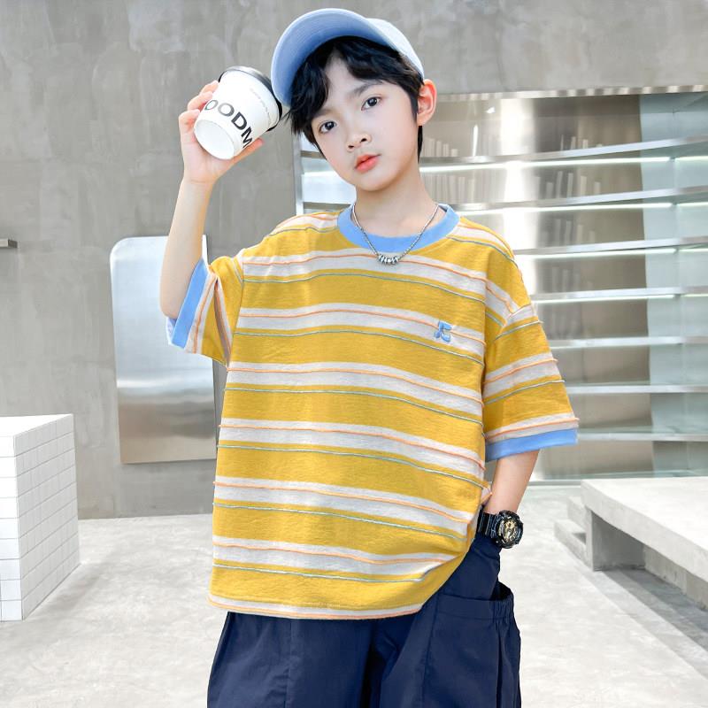 男童夏季短袖条纹T恤2026新款中大童男孩夏装薄款上衣痞帅潮牌t