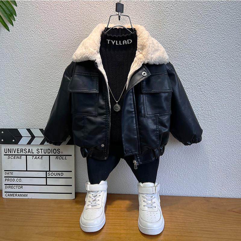 男童皮衣外套秋冬装2025新款痞帅宝宝冬季加绒棉衣儿童加厚皮夹克