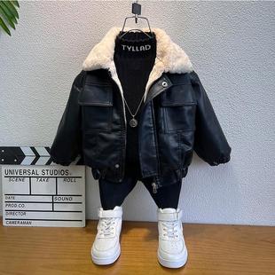 男童皮衣外套秋冬装2025新款痞帅宝宝冬季加绒棉衣儿童加厚皮夹克