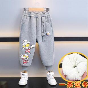 奥特曼男童加绒裤子秋冬款2023新款儿童裤冬季羊驼绒加厚运动卫裤