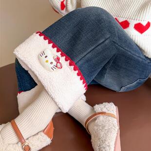 女童裤子秋冬装2025新款儿童卡通KT猫加绒裤宝宝翻边直筒牛仔长裤