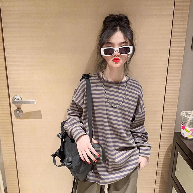 女童秋装长袖T恤2023新款中大童洋气网红卫衣儿童秋季条纹打底衫