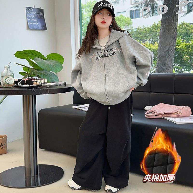 女童春装运动外套2025新款洋气中大童秋冬季百搭夹棉连帽开衫卫衣