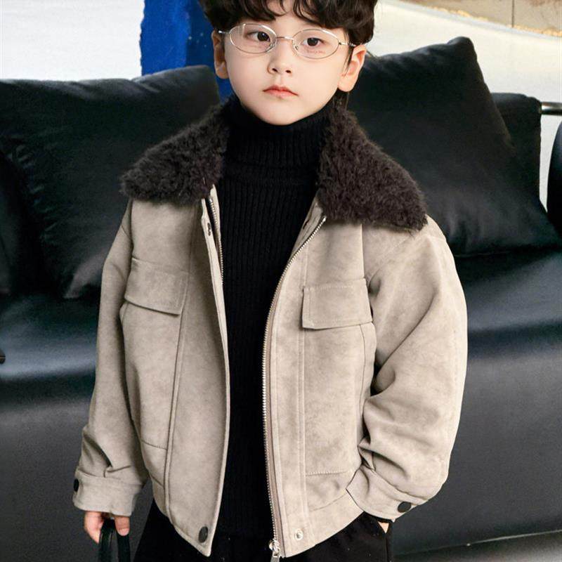 男童外套秋冬装新款帅气儿童覆古港风皮衣宝宝加厚加绒棉衣皮夹克