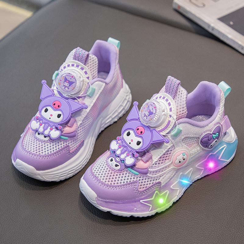 夏季新款女童库洛米单网运动鞋学生软底公主鞋儿童旋转扣发光灯鞋