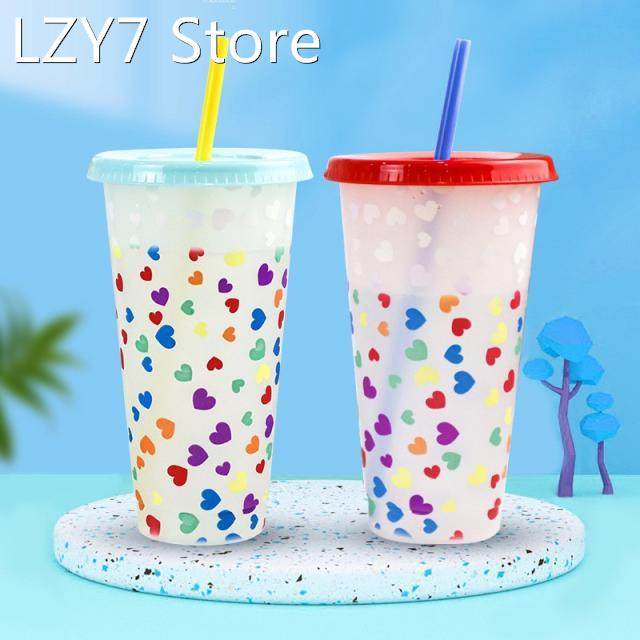 710ml love straw cup with lid cold color changing coffee cup