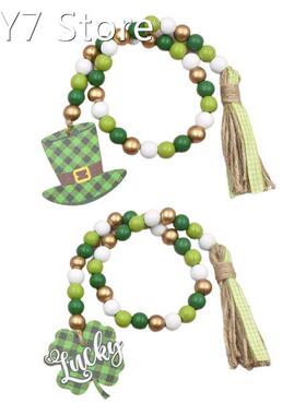 Patrick's Day Wood Beads Garland with Tassels Hat Pe