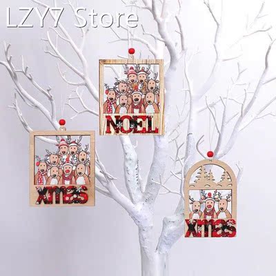 3pcs Christmas Wooden Pendants Painted Colorful Elk Family P