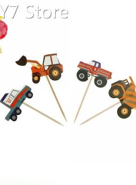 24Pcs Kids Cartoon Car Truck Excavators Cupcake Toppers Pick