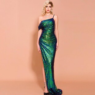 Dress Sequin Backless High Maxi Off Split Shoulder