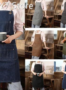 Denim Work Apron with 10 Pockets 1 Tool Ring Back Cross Work