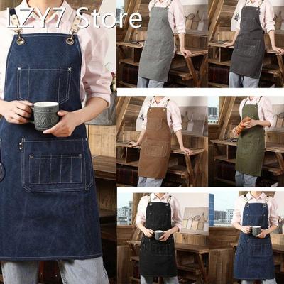 Denim Work Apron with 10 Pockets 1 Tool Ring Back Cross Work
