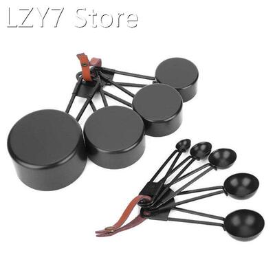 9PCS Black Stainless Steel Measuring Cups Set Coffee Spoon w