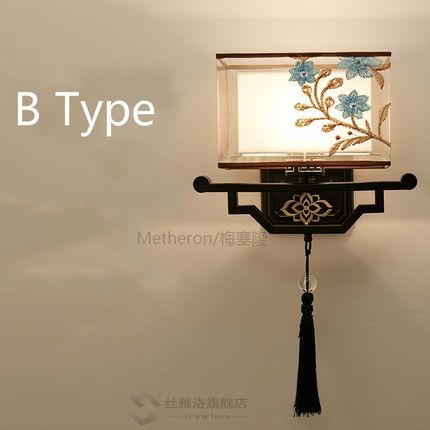 Traditional Chinese Vintage Bedside Lamp Embroidery Fabric L