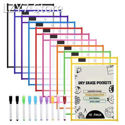 Dry Erase Pockets Sleeves, (10 Pack) A4 Paper Job Ticket Hol