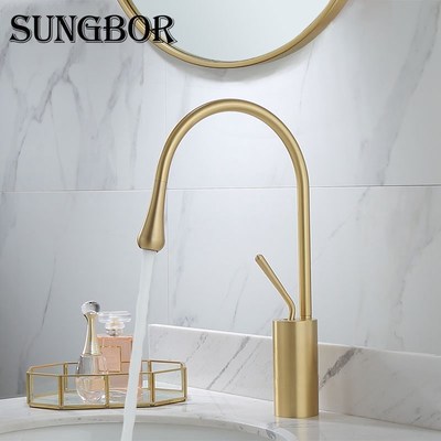 Basin FauCeTs Brushed Gold Color BaThrooM Mixer Tap Brass Wa