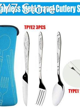 3pcs/1pc Dinnerware Portable Printed Stainless Steel Spoon F