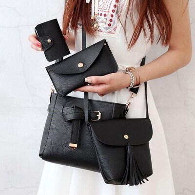 4PCS Bags Wallets Women Purse for Girls Clutch Handbag Black