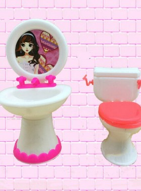 2 Items=Cute Doll Closestool+Washbasin Toilet Wash Devices