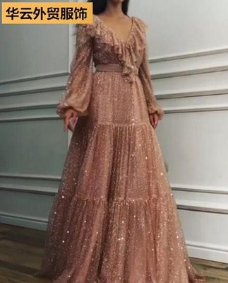 dress V-neck sequin dress big dress dress long skirt礼服长裙