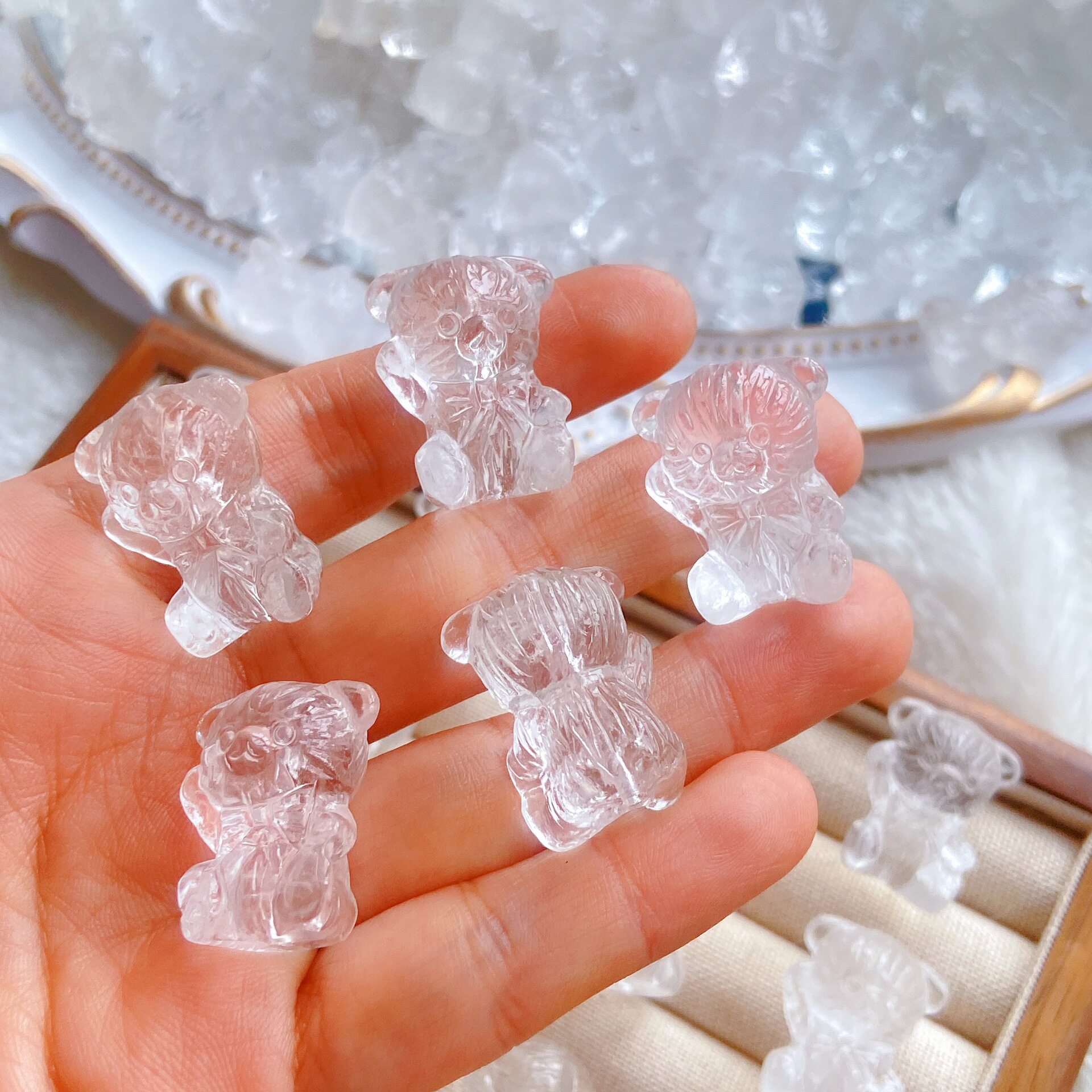 天然白水晶草莓熊配件 立体精工雕刻小熊晶体通透干净diy手链吊坠