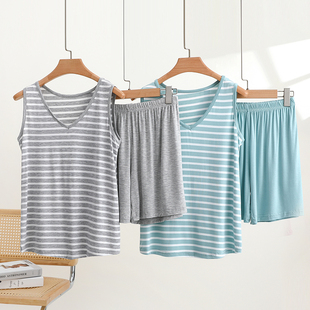 居家睡衣女大码 夏季 宽松家居服两件套 套装 莫代尔V领条纹背心短裤