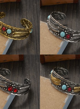 欧美跨境新品纳瓦霍风格椭圆形松石手镯女 复古双色树叶手镯批发