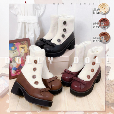 哆莉豆豆糕糕加绒玛丽珍靴子lolita短靴粗低跟兔毛圆头高跟鞋女
