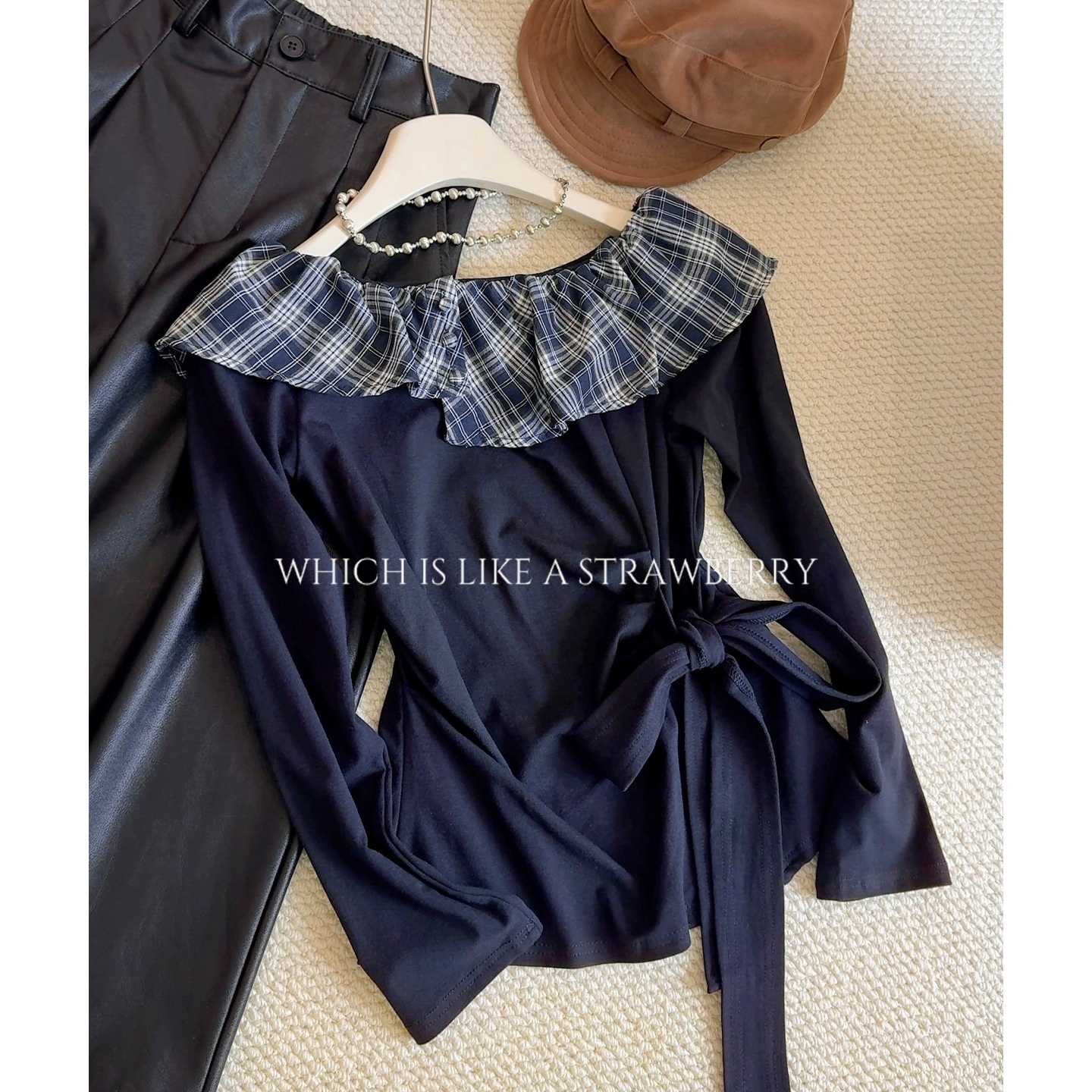 2025新款感格子荷叶边拼接一字肩长袖t恤女25秋韩版绑带收腰短款