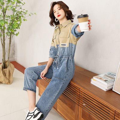 2025新款韩版高腰长袖牛仔拼接卡色连体裤女2025年春秋装新款连