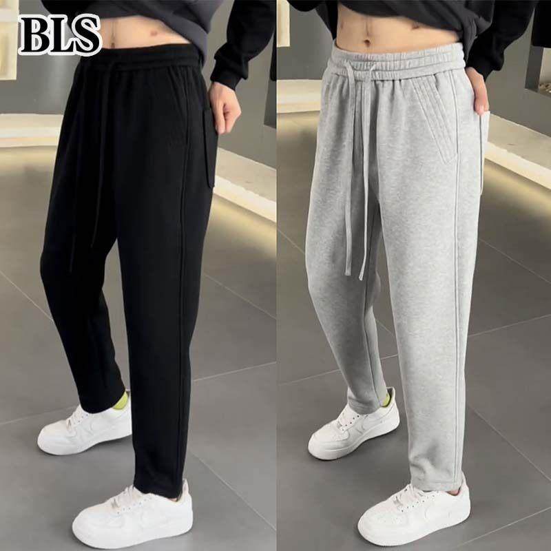 高端灰色加绒运动卫裤男士2025新款秋冬季纯色加厚阔腿直筒休闲裤