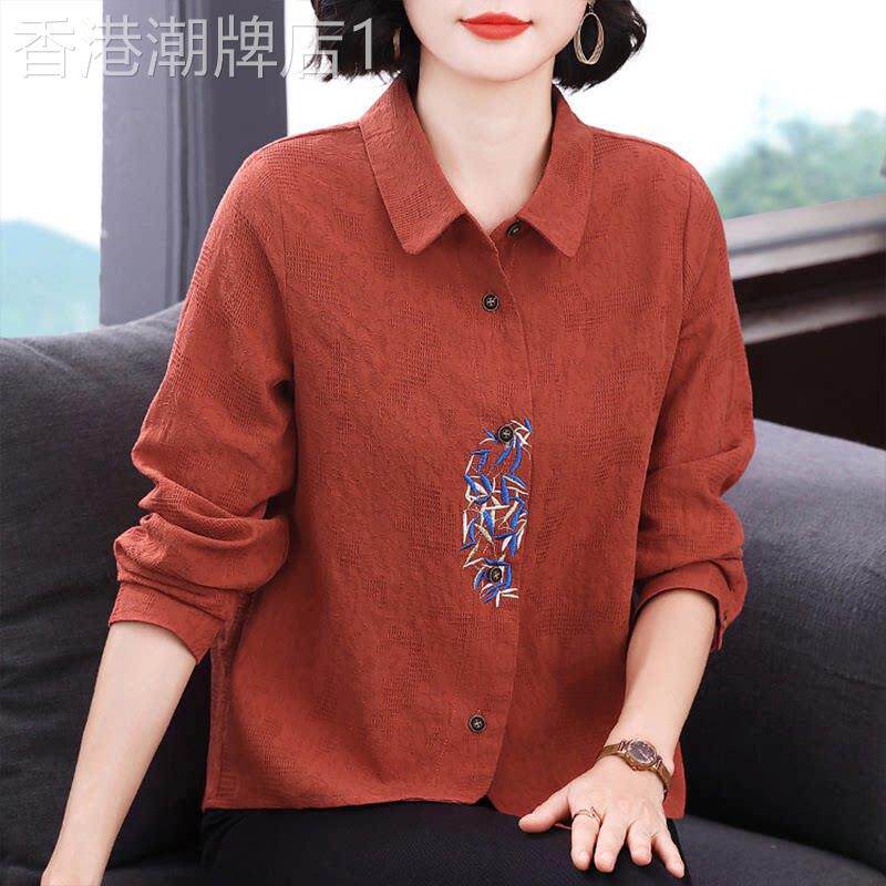 潮牌中老年妈妈上衣翻领纯棉长袖衬衫女宽松大码全棉衬衣外搭开衫