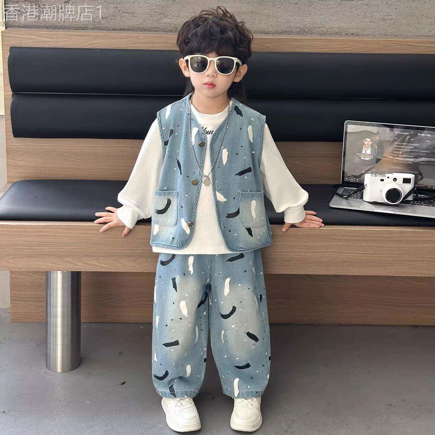 法国男童春季套装2026新款儿童牛仔裤子马甲三件套男宝宝春秋衣服