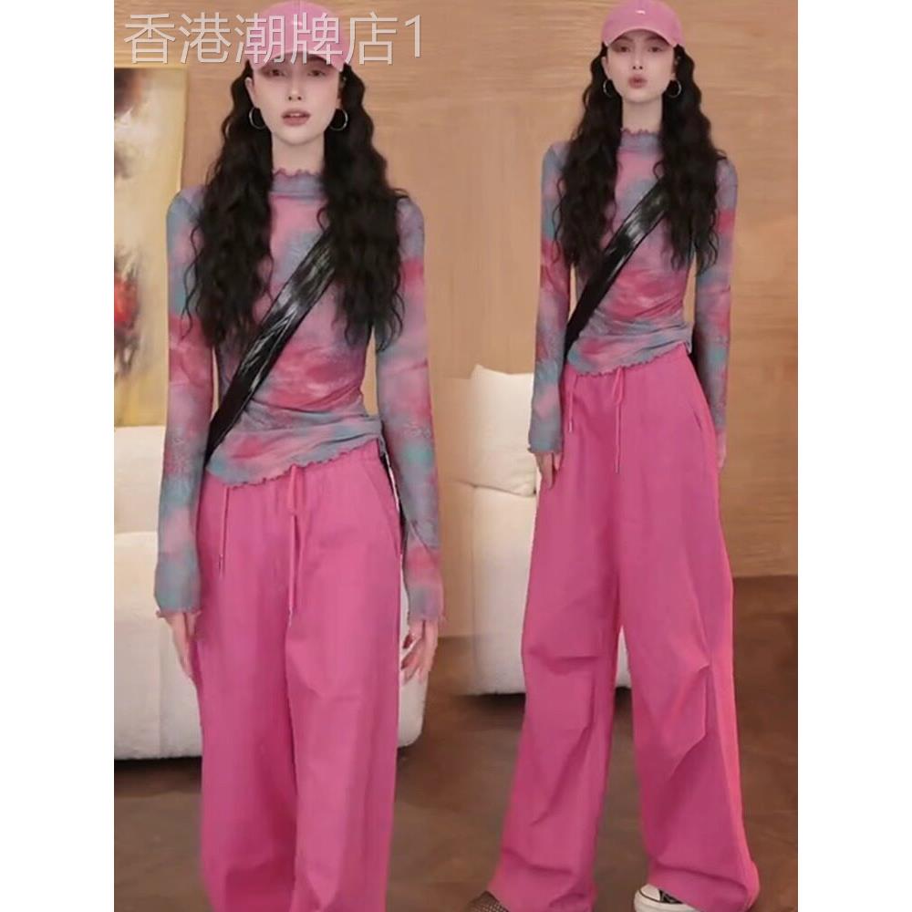 香港代购时尚套装女春季新款显瘦印花T恤工装阔腿裤休闲两件套潮