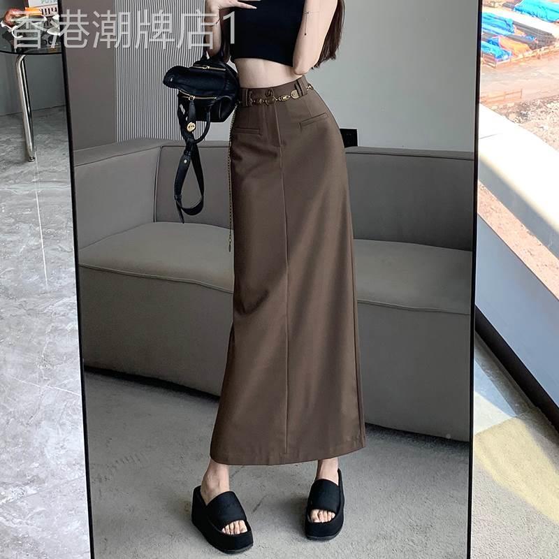 咖色包臀半身裙春秋季2025新款高腰显瘦中长版开叉直筒a字一步裙