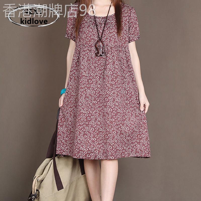 香港碎花圆领短袖亚麻连衣裙2024夏季减龄休闲遮肉棉麻娃娃裙a版
