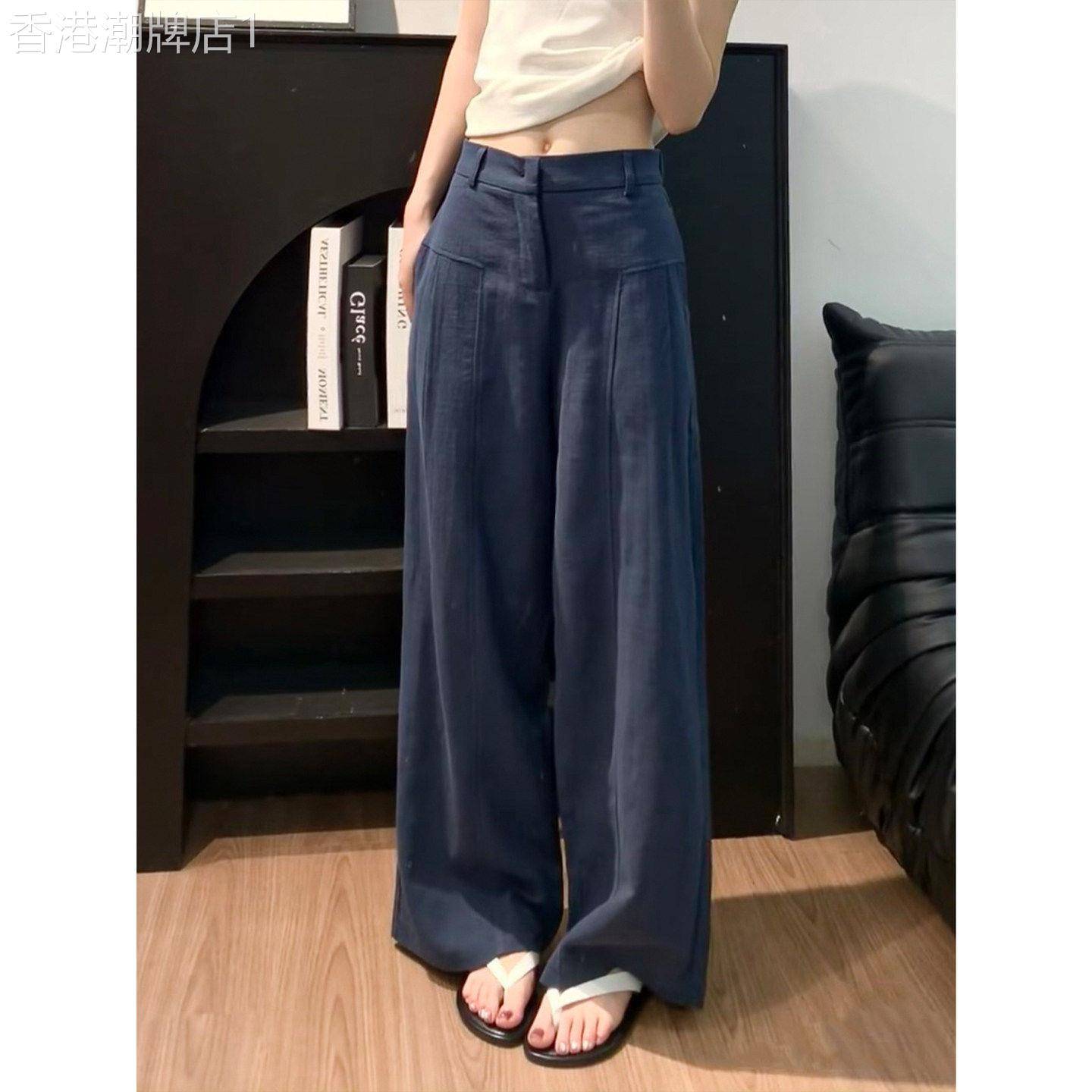 藏青色亚麻苧麻阔腿裤女夏季薄款高腰老钱风西装直筒棉麻休闲裤子
