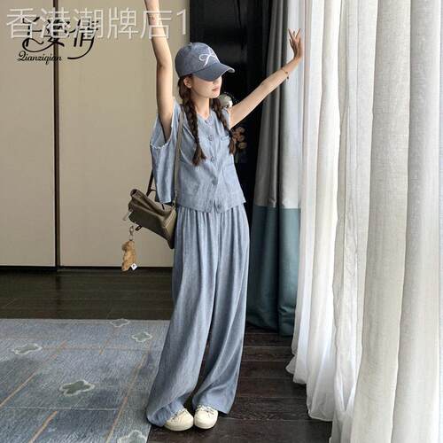 复古松弛感穿搭套装女夏季薄款无袖衬衫上衣垂感显瘦阔腿裤两件套