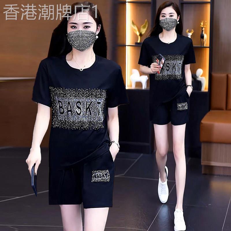 休闲烫钻五分裤短袖两件套女夏季新款气质时尚大尺码胖MM显瘦套装