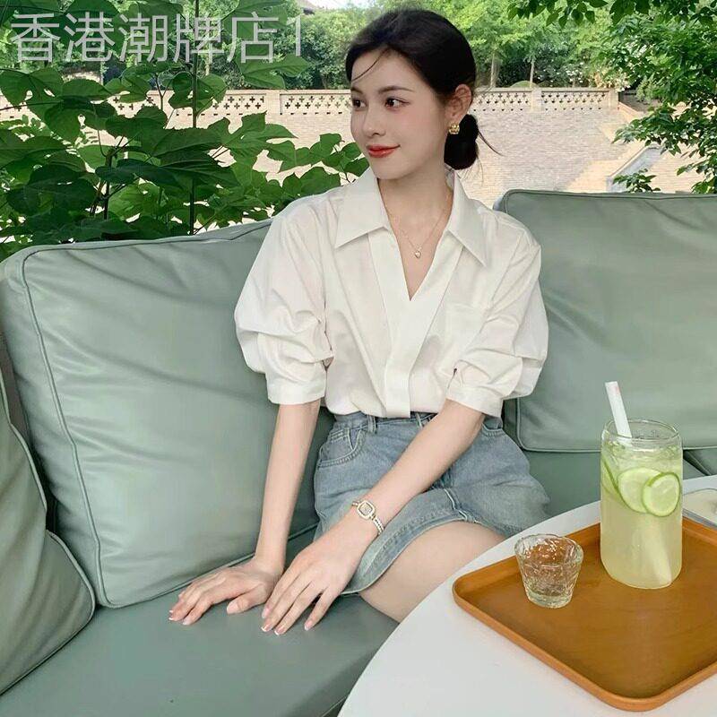 法式白色小众五分袖衬衫女2025夏季新款设计感小个子高级v领衬衣