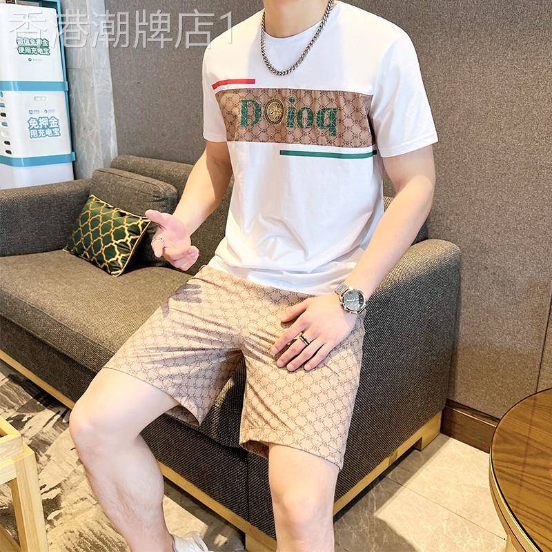 休闲套装男生夏季冰丝短袖t恤男一套搭配短裤两件套时尚衣服潮牌