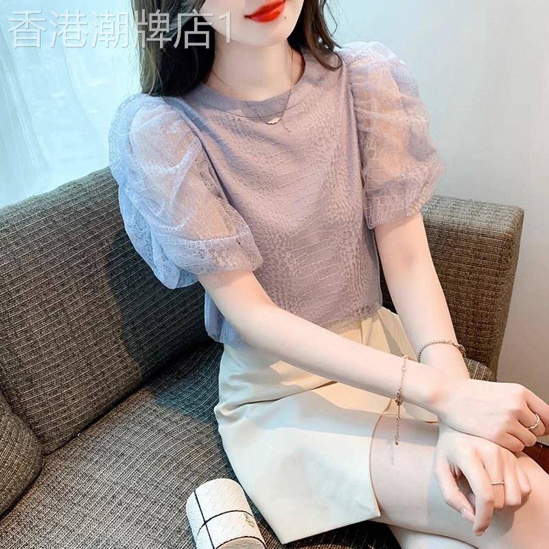 法式温柔风雪纺衫女夏季欧货爆款女装时尚气质网纱拼接泡泡袖上衣